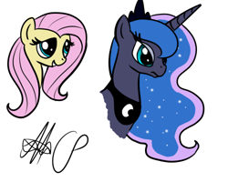 Size: 500x400 | Tagged: safe, artist:middleness-collar, fluttershy, princess luna, alicorn, pegasus, pony, g4, bust, duo, duo female, female, simple background, white background