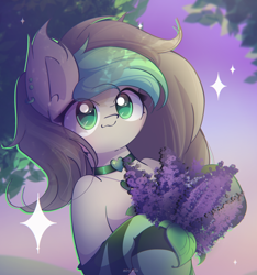 Size: 2500x2670 | Tagged: safe, artist:miryelis, oc, oc only, oc:opal stone, earth pony, semi-anthro, bat ears, choker, clothes, commission, cute, female, flower, human shoulders, long hair, looking at you, mare, sky, smiling, socks, solo, sparkles, striped socks