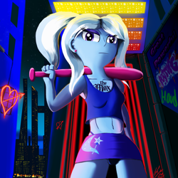 Size: 1500x1500 | Tagged: safe, artist:jphyperx, gameloft, trixie, equestria girls, g4, my little pony: magic princess, alternate hairstyle, babysitter trixie, baseball bat, blackletter, breasts, city, cityscape, clothes, club, cyberpunk 2077, dominatrix, dominatrixie, female, graffiti, heart, hoodie, midriff, neon, nightclub, reasonably sized breasts, solo, stars, synthwave, tattoo