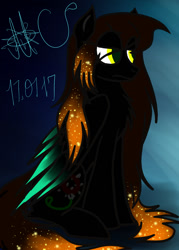 Size: 1000x1400 | Tagged: safe, artist:middleness-collar, oc, oc only, pony, abstract background, black coat, chest fluff, colored pupils, colored wings, dark coat, folded wings, frown, gradient mane, gradient tail, gradient wings, gradient wingtips, green pupils, lidded eyes, long mane, long tail, no catchlights, signature, sitting, solo, sparkly mane, sparkly tail, tail, two toned wings, wings, yellow eyes