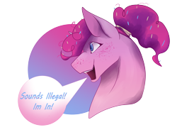 Size: 8076x6001 | Tagged: safe, artist:aha-bleppers, pinkie pie, earth pony, pony, g4, alternate hairstyle, blue pupils, bust, circle background, colored pupils, dialogue, freckles, open mouth, open smile, pink hair, pink mane, profile, simple background, smiling, solo, speech bubble, sprinkles in mane, talking, tall ears, thick neck, tied mane, transparent background