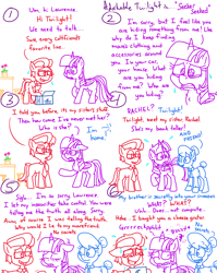 Size: 4779x6013 | Tagged: safe, artist:adorkabletwilightandfriends, twilight sparkle, oc, oc:lawrence, oc:rachel, alicorn, comic:adorkable twilight and friends, g4, 404, adorkable, adorkable twilight, apology, box, brother and sister, clothes, comic, confused, cute, dork, embarrassed, embarrassed grin, eyes closed, female, flower, glasses, honesty, male, messy mane, necktie, nervous, nervous smile, nervous sweat, potted plant, sad, secret, siblings, slice of life, smiling, surprised, sweat, sweating profusely, twilight sparkle (alicorn), upset, worried