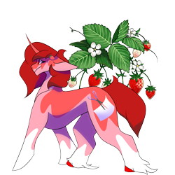 Size: 4001x4001 | Tagged: safe, artist:aha-bleppers, oc, oc only, pony, unicorn, concave belly, digital art, food, horn, pink fur, simple background, solo, strawberry, transparent background