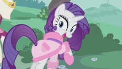 Size: 1920x1088 | Tagged: safe, screencap, rarity, pony, unicorn, g4, my little pony: friendship is magic, season 1, suited for success, alternate hairstyle, clothes, female, horn, looking back, mannequin, outfit, raised hoof, raised leg, robe, slippers, smiling, solo