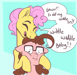 Size: 2243x2194 | Tagged: safe, artist:smirk, li'l cheese, oc, oc:curlicue, earth pony, pony, g4, annoyed, baby talk, cheek squish, dialogue, duo, glasses, irritated, offspring, older, older li'l cheese, parent:cheese sandwich, parent:pinkie pie, parents:cheesepie, piercing, sibling teasing, siblings, squishy cheeks