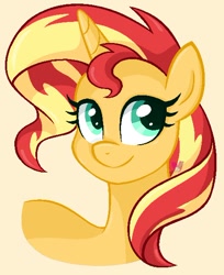 Size: 480x589 | Tagged: safe, artist:czscribbles, sunset shimmer, pony, unicorn, g4, beige background, bust, female, horn, mare, ms paint, portrait, simple background, smiling, solo