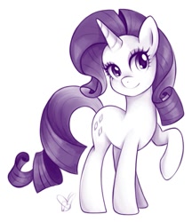 Size: 873x1010 | Tagged: safe, artist:czscribbles, part of a set, rarity, pony, unicorn, g4, female, horn, looking at you, mare, monochrome, purple, raised hoof, simple background, smiling, solo, white background