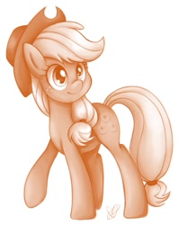 Size: 835x1050 | Tagged: safe, artist:czscribbles, part of a set, applejack, earth pony, pony, g4, applejack's hat, cowboy hat, female, food, freckles, hat, mare, monochrome, orange, raised hoof, simple background, smiling, solo, white background