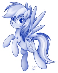 Size: 818x1024 | Tagged: safe, artist:czscribbles, part of a set, rainbow dash, pegasus, pony, g4, blue, female, flying, looking at you, mare, monochrome, simple background, smiling, solo, spread wings, white background, wings