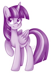 Size: 769x1085 | Tagged: safe, artist:czscribbles, part of a set, twilight sparkle, alicorn, pony, g4, female, folded wings, mare, monochrome, purple, raised hoof, signature, simple background, smiling, solo, twilight sparkle (alicorn), white background, wings