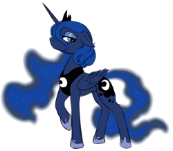 Size: 1000x870 | Tagged: safe, artist:squeezymouse, derpibooru exclusive, princess luna, alicorn, pony, g4, armor, clothes, concave belly, ethereal mane, eyeshadow, folded wings, gradient mane, gradient tail, jewelry, makeup, shoes, simple background, slender, solo, starry mane, starry tail, tail, thin, tiara, tired eyes, transparent background, wings