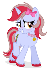 Size: 2055x2845 | Tagged: safe, artist:rioshi, artist:starshade, oc, oc only, oc:cinnamon lightning, pony, unicorn, base used, bell, bell collar, blue coat, blush lines, blushing, bow, collar, colored hooves, commission, eyelashes, female, female oc, hair accessory, hair bow, hooves, horn, long mane, long tail, looking away, mane accessory, mare, mare oc, orange eyes, pink collar, raised leg, red hooves, shadow, show accurate, simple background, smiling, solo, standing on three hooves, striped mane, striped tail, tail, two toned mane, two toned tail, unicorn horn, unicorn oc, unshorn fetlocks, white background