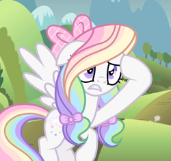 Size: 1298x1220 | Tagged: safe, artist:cstrawberrymilk, oc, oc only, oc:rainbow heart (cstrawberrymilk), pegasus, pony, g4, bow, dirt road, female, female oc, flying, fringe, frown, gray coat, hair accessory, hair bow, hill, lidded eyes, mane accessory, mare, mare oc, mountain, mountain range, multicolored hair, multicolored mane, multicolored tail, pegasus oc, pigtails, pink bow, purple eyes, rainbow hair, rainbow tail, raised hoof, screencap background, show accurate, solo, speedpaint available, spread wings, tail, tied mane, wavy tail, wings