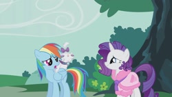 Size: 1920x1088 | Tagged: safe, screencap, opalescence, rainbow dash, rarity, cat, pegasus, pony, unicorn, g4, season 1, suited for success, bow, bush, clothes, cloud, eyes closed, female, flower, folded wings, hair bow, horn, looking at each other, looking at someone, lying down, multicolored mane, on back, open mouth, outdoors, pet, pet collar, purple mane, robe, sky, smiling, tree, trio, wings