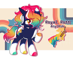 Size: 827x654 | Tagged: safe, artist:mimaoartz, oc, oc only, oc:royal rott, pony, unicorn, g4, coat markings, colored hooves, freckles, golden eyes, hooves, horn, light yellow background, looking to the right, multicolored body, multicolored hair, multicolored hooves, nonbinary, open mouth, rainbow, rainbow gradient, rainbow hair, rainbow tail, raised hoof, rarity eyes, short tail, socks (coat markings), solo, standing on three hooves, tail