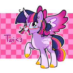 Size: 894x894 | Tagged: safe, artist:mimaoartz, twilight sparkle, alicorn, pony, g4, checkered background, coat markings, colored hooves, ear piercing, earring, glasses, hooves, jewelry, piercing, smiling, socks (coat markings), solo, twilight sparkle (alicorn)