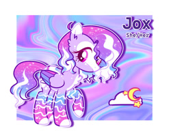 Size: 1005x795 | Tagged: safe, artist:mimaoartz, oc, oc only, oc:jox, pegasus, pony, abstract background, chest fluff, colored wings, female, gradient mane, gradient tail, gradient wings, mare, passepartout, reference sheet, solo, tail, wings