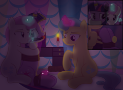 Size: 2200x1609 | Tagged: safe, artist:cardshark777, part of a set, lemon hearts, twilight sparkle, twinkleshine, pony, unicorn, g4, 3 panel comic, ballgag, bondage, bound and gagged, candle, comic, dark, desk, digital art, female, gag, horn, horn ring, hug, hug from behind, looking at each other, looking at someone, looking back, looking down, magic, magic suppression, mare, part 1, part of a series, ring, rope, rope bondage, shading, telekinesis, tied up, trio, unicorn twilight