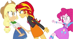 Size: 4485x2428 | Tagged: safe, edit, edited screencap, editor:mrtoonlover83, screencap, applejack, pinkie pie, sunset shimmer, human, equestria girls, g4, angry, background removed, concerned, female, not a vector, scared, simple background, transparent background, trio, trio female