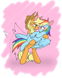 Size: 1207x1498 | Tagged: safe, artist:kosshkkosshk1, applejack, rainbow dash, earth pony, pegasus, pony, g4, applejack's hat, bedroom eyes, behaving like a dog, bipedal, blushing, cowboy hat, duo, duo female, female, hairband, hat, holding, holding a pony, lesbian, looking at each other, looking at someone, mare, ship:appledash, shipping, smiling, smiling at someone, sparkles, straw in mouth, tail, tail wag