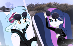 Size: 1819x1138 | Tagged: safe, artist:stephen-fisher, bon bon, lyra heartstrings, sweetie drops, human, equestria girls, g4, beach, clothes, duo, duo female, female, lesbian, ship:lyrabon, shipping, summer, sunglasses, swimsuit, wetsuit