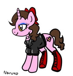 Size: 651x678 | Tagged: safe, artist:wrath-marionphauna, oc, oc only, oc:color breezie, unicorn, boots, bow, choker, clothes, eyeshadow, hair bow, horn, jacket, leather, leather jacket, makeup, shoes, simple background, solo, white background