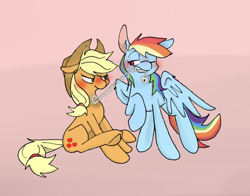 Size: 1556x1220 | Tagged: safe, artist:kosshkkosshk1, applejack, rainbow dash, earth pony, pegasus, pony, g4, applejack is not amused, applejack's hat, bedroom eyes, blushing, chains, collar, cowboy hat, duo, duo female, female, floppy ears, hairband, hat, leash, lesbian, lock, looking at each other, looking at someone, mare, mouth hold, one eye closed, padlock, partially open wings, pet play, pink background, raised hoof, ship:appledash, shipping, simple background, sitting, smiling, smiling at someone, tugging, unamused, wings