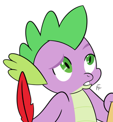 Size: 1663x1782 | Tagged: safe, artist:frownfactory, spike, dragon, g4, feather, male, quill, simple background, solo, transparent background, wingless spike