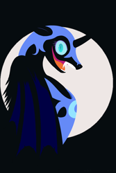 Size: 1540x2310 | Tagged: safe, artist:squeezymouse, derpibooru exclusive, nightmare moon, alicorn, bat pony, bat pony alicorn, hybrid, pony, g4, armor, bat wings, big smile, black background, blue sclera, bust, circle background, colored eyelashes, colored sclera, colored wings, eyelashes, fangs, female, folded wings, helmet, horn, lineless, looking at you, mare, nightmare moon armor, open mouth, open smile, peytral, profile, purple eyelashes, shrunken pupils, simple background, slit pupils, smiling, smiling at you, solo, two toned wings, wide smile, wings