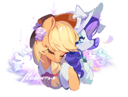 Size: 3576x2726 | Tagged: safe, artist:chengzi82020, applejack, rarity, earth pony, pony, unicorn, g4, bust, clothes, dress, eyes closed, female, flower, hat, horn, lesbian, mare, portrait, ship:rarijack, shipping, simple background, smiling, text, white background