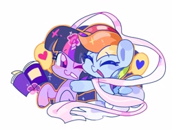 Size: 1250x950 | Tagged: safe, artist:给我眼药水, rainbow dash, twilight sparkle, pegasus, unicorn, g4, book, cloud, duo, duo female, eyes closed, female, heart, horn, hug, magic, one eye closed, simple background, speech bubble, telekinesis, white background