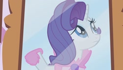 Size: 1920x1088 | Tagged: safe, screencap, rarity, pony, unicorn, g4, my little pony: friendship is magic, season 1, suited for success, clothes, female, horn, mare, mirror, raised hoof, robe, slippers, solo