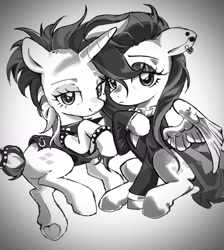 Size: 1985x2216 | Tagged: safe, artist:qiuhu17819, fluttershy, rarity, pegasus, pony, unicorn, g4, alternate hairstyle, female, fluttergoth, grayscale, horn, mare, monochrome, punk, raripunk