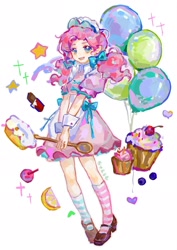 Size: 1688x2388 | Tagged: safe, artist:iambigwugui, pinkie pie, human, g4, balloon, candy, chocolate, clothes, cupcake, dress, food, hat, heart, humanized, lemon, mismatched socks, open mouth, simple background, smiling, socks, solo, stars, striped socks, white background, wooden spoon