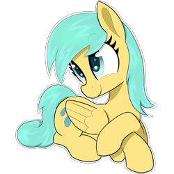 Size: 2880x2880 | Tagged: safe, artist:maretian, artist:scandianon, sunshower raindrops, pegasus, pony, g4, collaboration, crossed hooves, cute, female, folded wings, lying down, mare, prone, simple background, smiling, solo, transparent background, wings