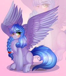 Size: 2711x3138 | Tagged: oc name needed, safe, artist:2pandita, oc, oc only, pegasus, pony, abstract background, blue mane, blue tail, blushing, body fluff, braid, braided ponytail, chest fluff, eyelashes, female, female oc, fluffy, fringe, gradient background, green eyes, high res, hoof fluff, leg fluff, long mane, long tail, looking up, mare, mare oc, one eye closed, pegasus oc, ponytail, purple coat, raffle prize, shadow, shiny mane, shiny tail, signature, sitting, solo, spread wings, tail, tied mane, unshorn fetlocks, wings, zoom layer