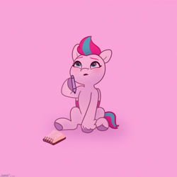 Size: 2480x2480 | Tagged: safe, artist:starburstuwu, zipp storm, pegasus, pony, g5, adorazipp, blushing, cute, female, filly, filly zipp storm, high res, hoof hold, looking up, mare, notebook, pen, pink background, simple background, sitting, solo, younger