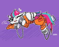 Size: 1632x1305 | Tagged: safe, artist:komodonnie, zipp storm, pegasus, pony, g5, bound wings, chained, chains, clothes, cuffed, cuffs, jumpsuit, prison jumpsuit, prison outfit, prisoner, prisoner zipp, shackles, solo, wings