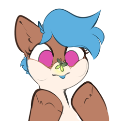 Size: 1996x2000 | Tagged: safe, artist:pukifurs, oc, oc only, oc:lissy fluffball, firefly (insect), insect, pony, g4, :p, chest fluff, cross-eyed, cute, cute face, female, insect on nose, mare, simple background, solo, tongue out, white background