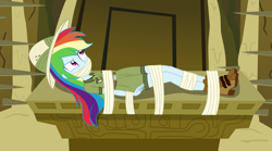 Size: 3000x1662 | Tagged: safe, alternate character, alternate version, artist:nie-martw-sie-o-mnie, part of a set, rainbow dash, human, equestria girls, g4, read it and weep, bondage, boots, clothes, dashsub, explorer outfit, female, femsub, gag, hat, peril, pith helmet, shoes, shorts, solo, submissive, tape, tape bondage, tape gag