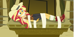 Size: 3000x1501 | Tagged: safe, alternate character, alternate version, artist:nie-martw-sie-o-mnie, part of a set, sunset shimmer, human, equestria girls, g4, read it and weep, bondage, boots, clothes, explorer outfit, female, femsub, gag, hat, peril, shoes, shorts, solo, submissive, subset, tape, tape bondage, tape gag, vest