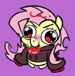 Size: 618x624 | Tagged: safe, artist:paperbagpony, fluttershy, bat pony, pony, g4, apple, bat ponified, blushing, chibi, clothes, cute, fangs, flutterbat, food, herbivore, hoodie, purple background, race swap, shyabetes, simple background, solo