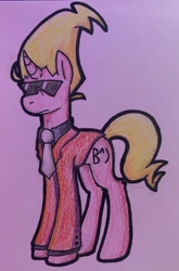 Size: 1355x2047 | Tagged: safe, artist:chortlebot, pony, unicorn, blazer, clothes, colored pencil drawing, emoji, ghost trick, horn, necktie, photo, pointy hair, pointy mane, ponified, solo, suit, sunglasses, traditional art, yomiel (ghost trick)