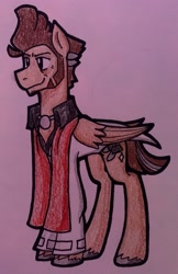 Size: 1325x2048 | Tagged: safe, artist:chortlebot, pegasus, pony, brown mane, clothes, coat, colored pencil drawing, ghost trick, inspector cabanela, jewelry, male, middle aged, necklace, pendant, photo, ponified, scarf, solo, stallion, suit, traditional art, white coat