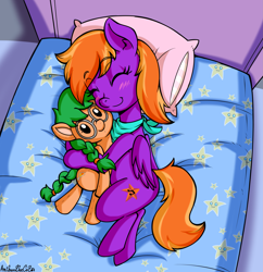 Size: 3217x3318 | Tagged: safe, artist:anibaruthecat, oc, oc only, oc:burningstar, oc:morning mimosa, pegasus, pony, bed, blushing, braid, braided ponytail, braided tail, commission, cuddling, eyes closed, female, filly, filly oc, foal, folded wings, glasses, neckerchief, orange mane, orange tail, pegasus oc, pegasus wings, plushie, ponytail, purple coat, smiling, solo, tail, wings