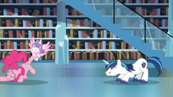 Size: 1920x1080 | Tagged: safe, screencap, pinkie pie, princess flurry heart, shining armor, alicorn, earth pony, pony, unicorn, g4, the crystalling, book, bookshelf, crystal empire library, cute, eyes closed, flurrybetes, having fun, horn, library, stairs, trio