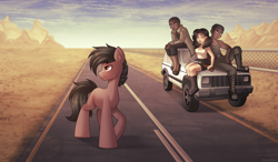 Size: 3000x1746 | Tagged: safe, artist:madelinne, oc, oc only, earth pony, human, car, desert, earth pony oc, fence, male, road, stallion