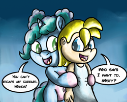 Size: 3000x2400 | Tagged: safe, artist:saburodaimando, misty brightdawn, oc, oc:wanda young, human, pony, unicorn, g5, belly, belly button, bipedal, cuddling, cute, dialogue, female, filly, filly misty brightdawn, foal, horn, human oc, mistybetes, speech bubble, younger