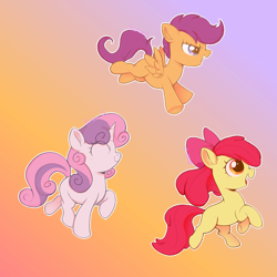 Size: 1800x1800 | Tagged: safe, artist:meteor s, apple bloom, scootaloo, sweetie belle, earth pony, pegasus, pony, unicorn, g4, blank flank, cutie mark crusaders, female, filly, foal, gradient background, horn, trio, trio female