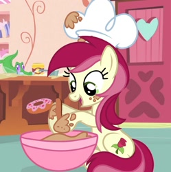 Size: 1220x1226 | Tagged: safe, artist:cstrawberrymilk, gummy, roseluck, alligator, earth pony, pony, g4, baking, bowl, chef's hat, donut, duo, female, food, hat, mare, open mouth, open smile, sitting, smiling